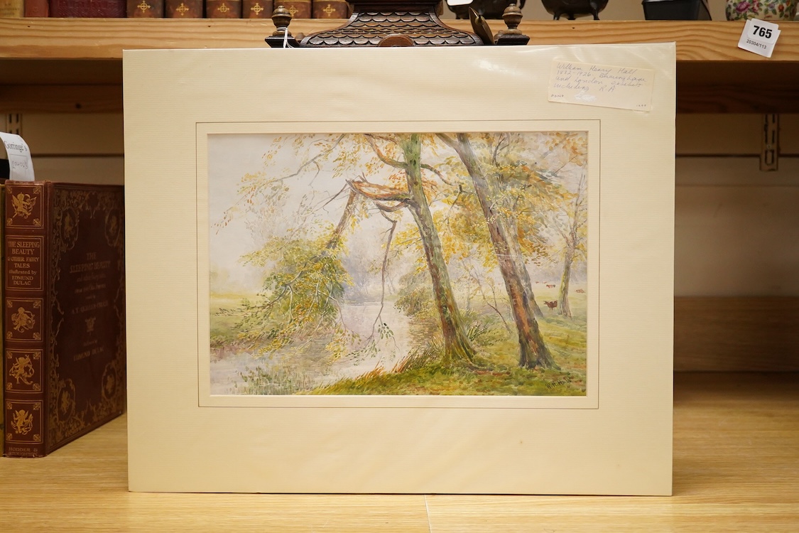 William Henry Hall (act.1874-1926), River scene with trees, signed lower right, watercolour, mounted, unframed, 23 x 33cm